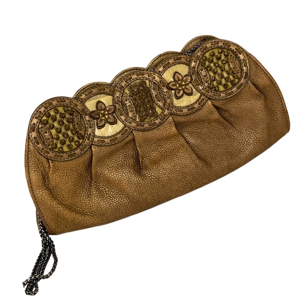 BRIGHTON RARE Bronze Leather Crossbody Clutch with Metal Strap great condition